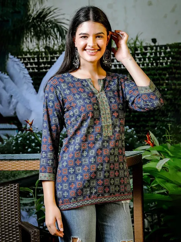 Yufta Blue Cotton Geometric Print Regular Top - S