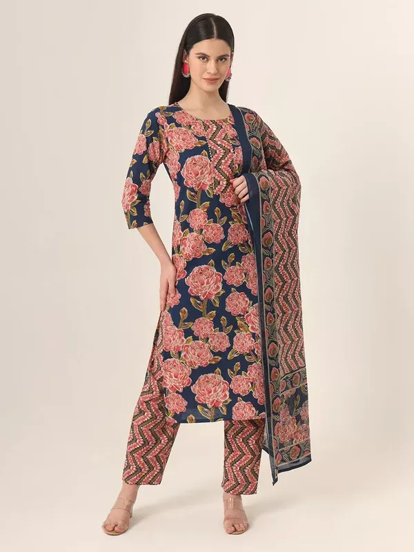 Yufta Blue Pure Cotton Straight Kurta Pants Dupatta Set - M