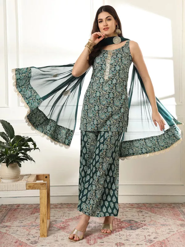 Yufta Cotton Green Kurta Palazzo Set - S