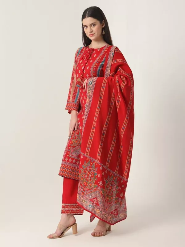 Yufta Red Silk Tie Up Kurta Set With Pant & Dupatta - M