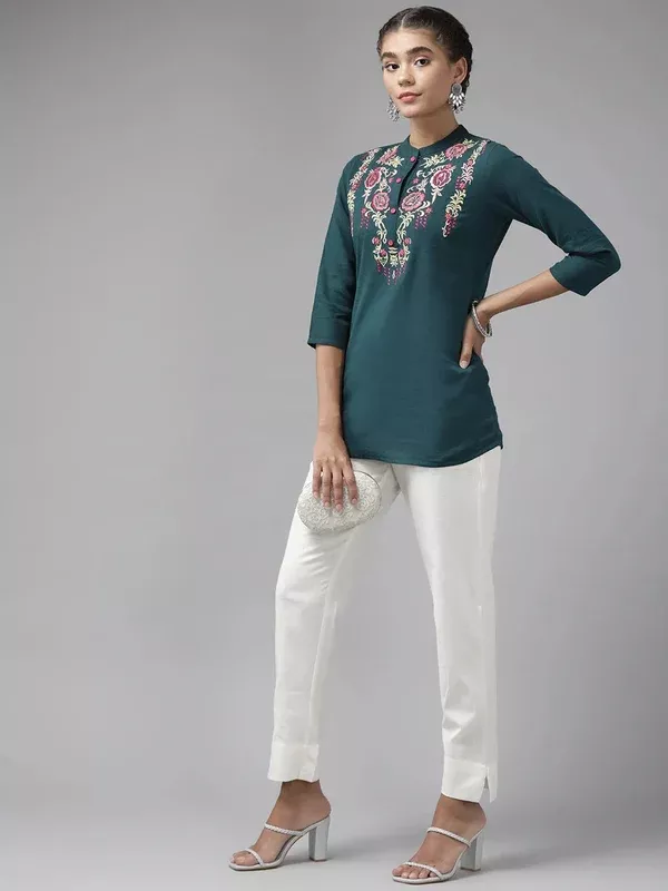 Yufta Teal Floral Embroidered Top - XS